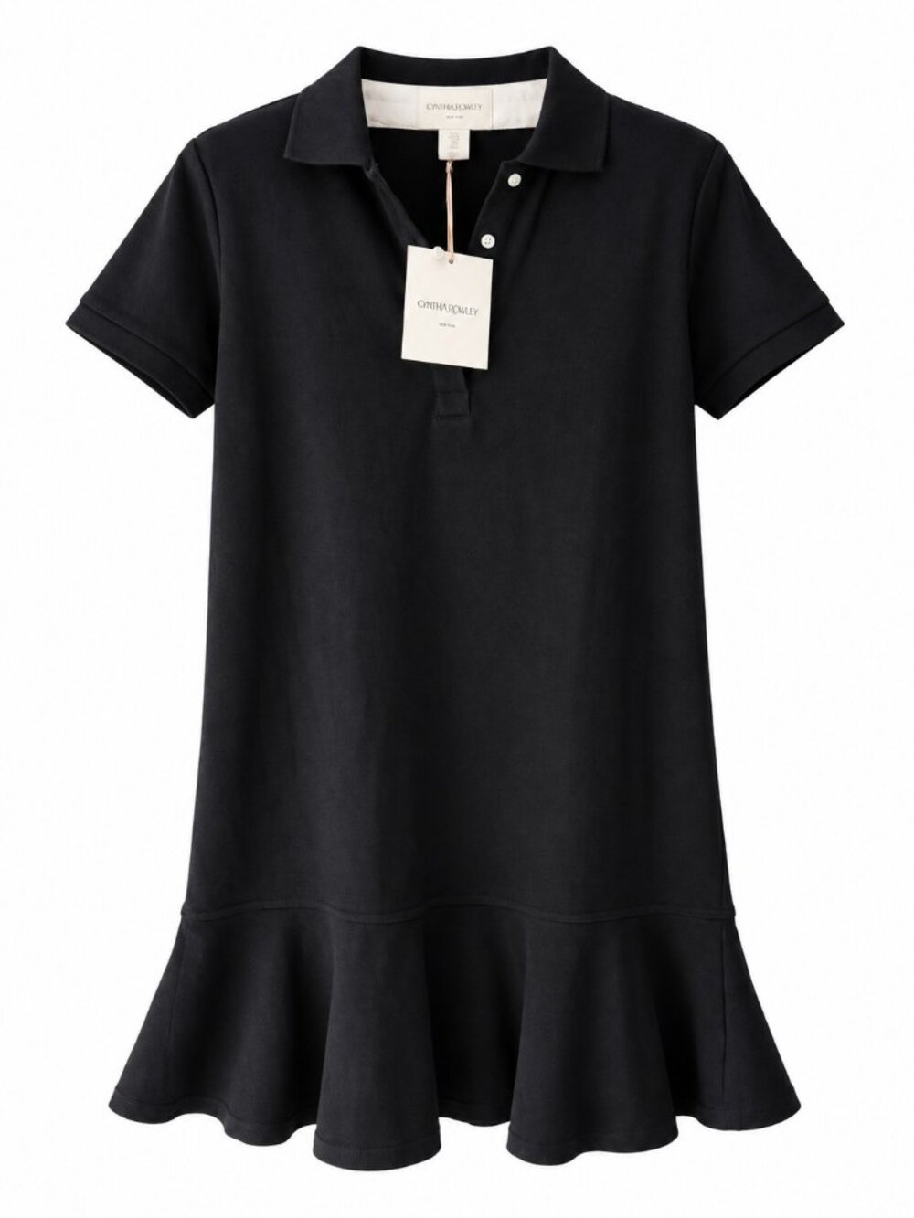 Cynthia Rowley Black Polo Dress Ruffle Hem Short Sleeve Size S NWT